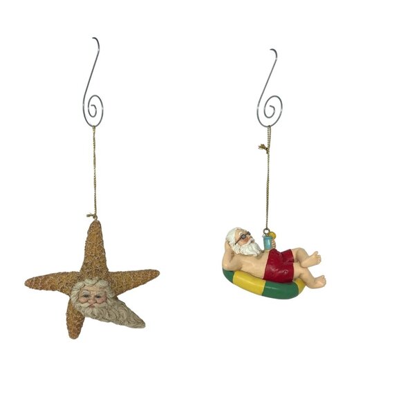 2 Beach Ornaments - Starfish with Santa Face & Santa Relaxing in an Innertube - Picture 1 of 6